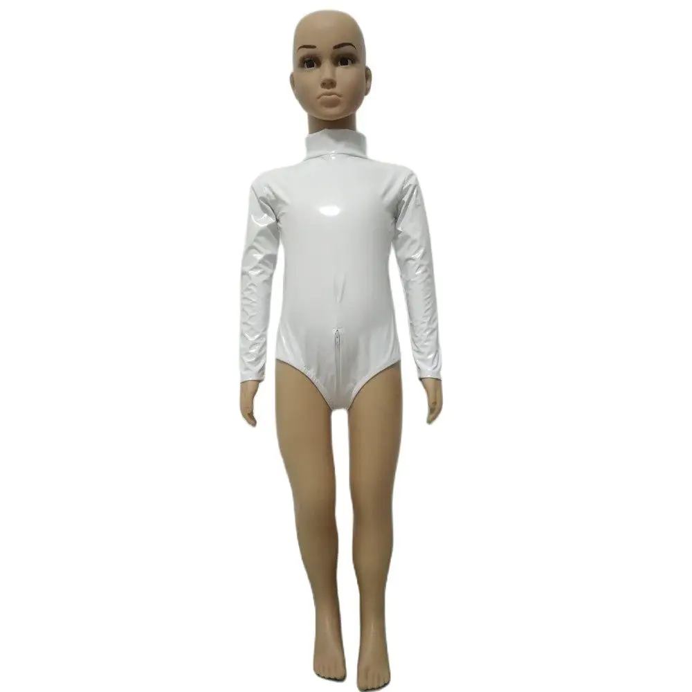 

Kid's Shiny PVC Faux Leather Zentai half bodysuit jumpsuit Costumes long Sleeve Fancy Party catsuit with double zipper