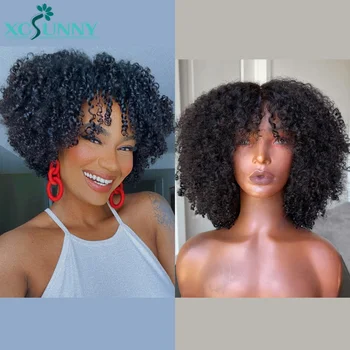 Kinky Curly Bang Wig Human Hair Short Curly Human Hair Wigs With Bangs Full Machine Made Wig Glueless Natural Hair Xcsunny 1