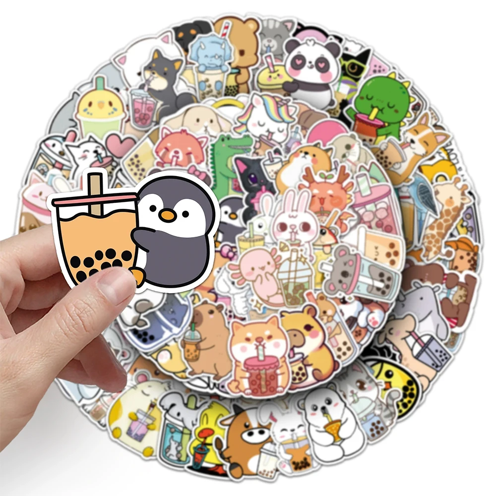 Cute Cartoon Animal Boba Tea Graffiti Stickers - Fun Decorative Decals for Suitcase, Guitar, and Laptop