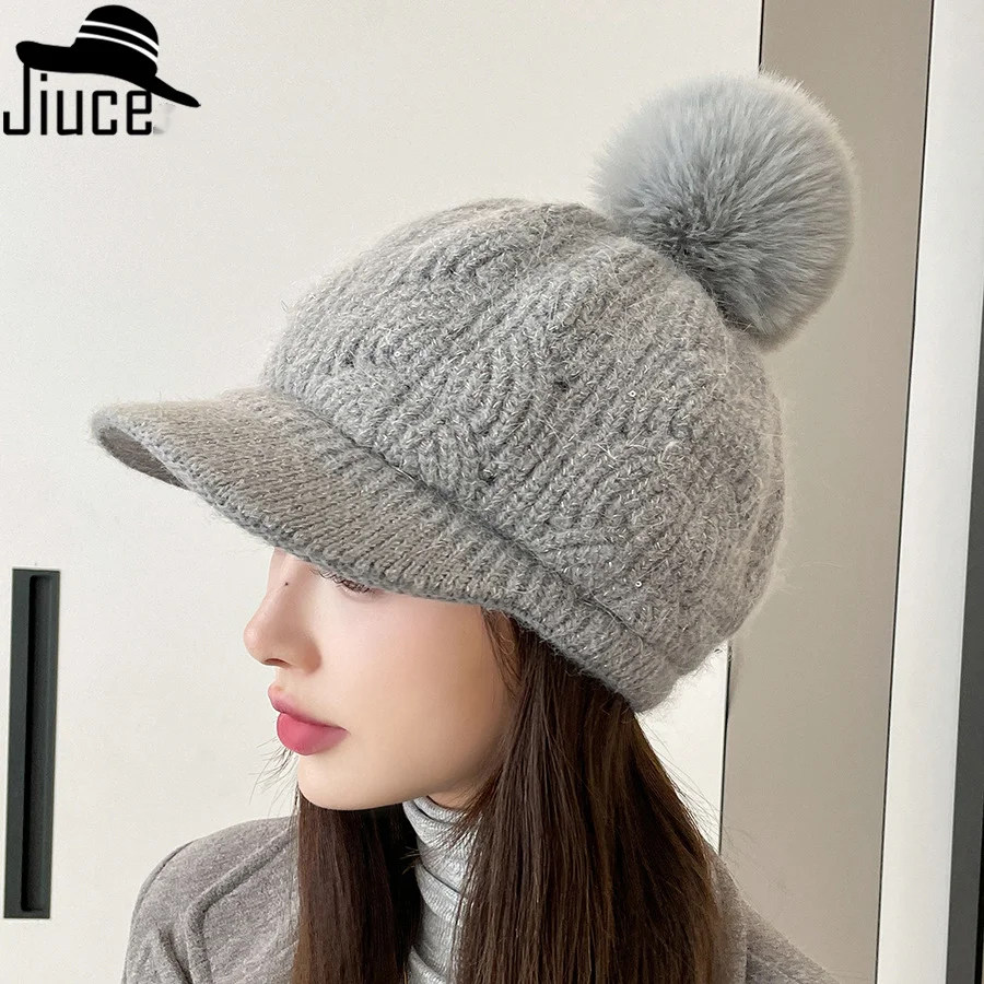 Autumn And Winter Velvet Rabbit Fur Women's Baseball Cap Texture Sequin Wool Ball Knitted Duckbill Cap Trend Warm Hat Yarn Cap_voghion.com