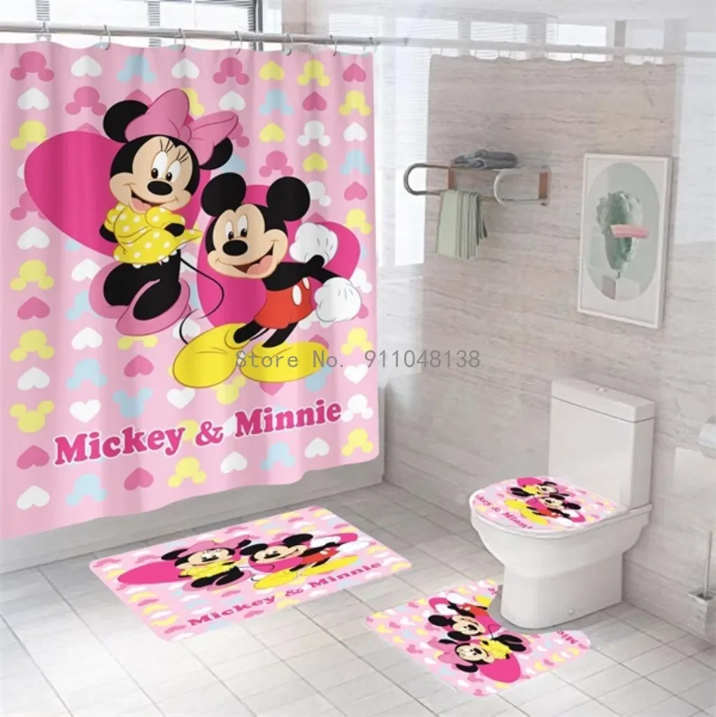 Disney Mickey Minnie Mouse Bathroom Curtain Non-slip Mat Set Waterproof Cute Shower Curtain Pedestal Toilet Cover Bath Mat Rug