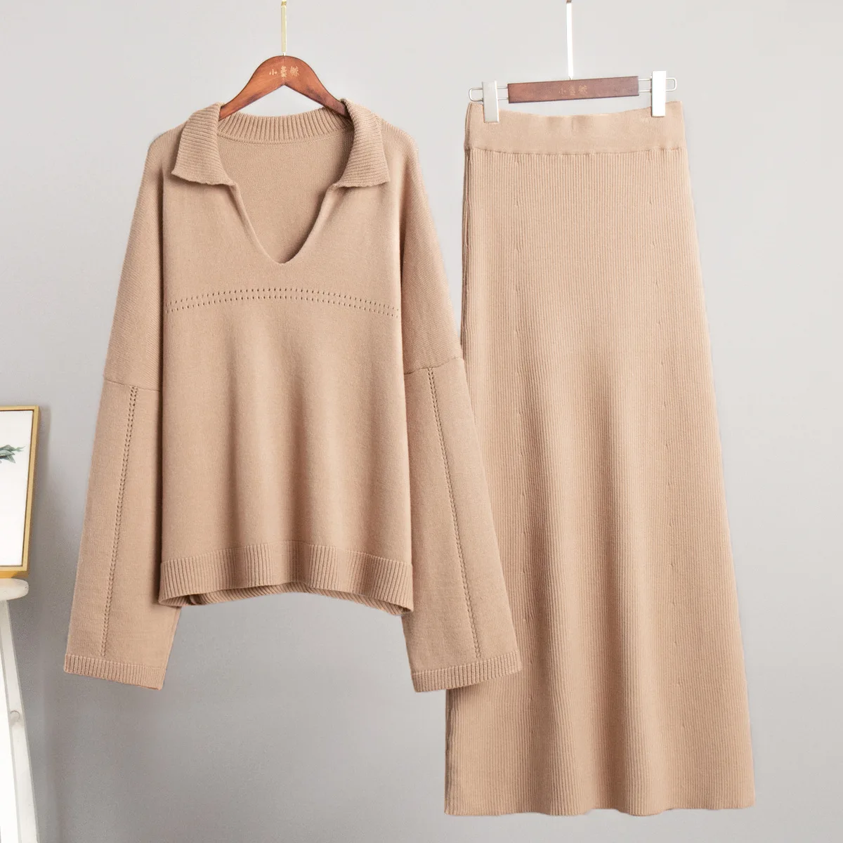 Autumn 2 Piece-Set Maxi Skirt Female V-Neck Loose Patchwork Fashion Pullover And Long Skirt Sets Elegant Ladies Outfits