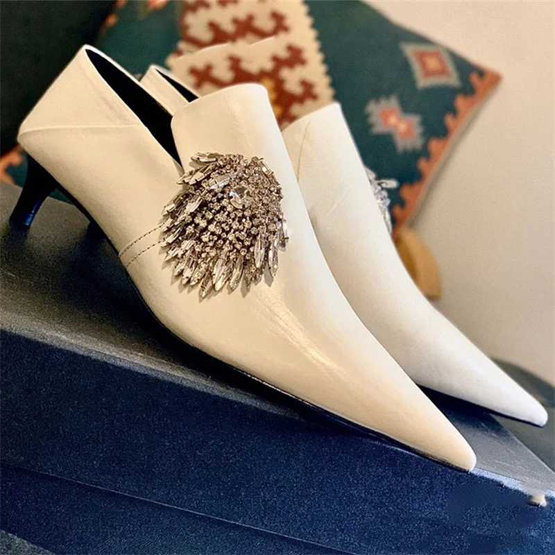 

Crystal Buckle High Heels Pointed Toe Wild Stiletto Slippers Rhinestone Leather Female Pumps Simple Casual Women Shoes