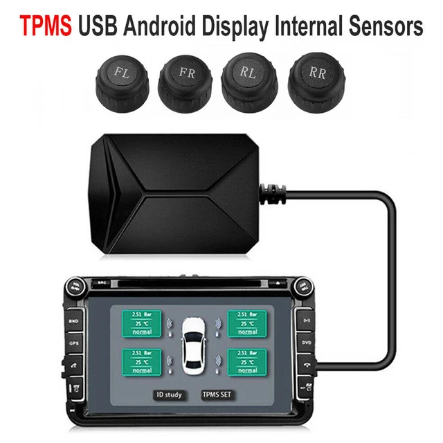 The USB Android TPMS tire pressure monitoring system, voltage monitor and alarm system are externally connected with 4 sensors