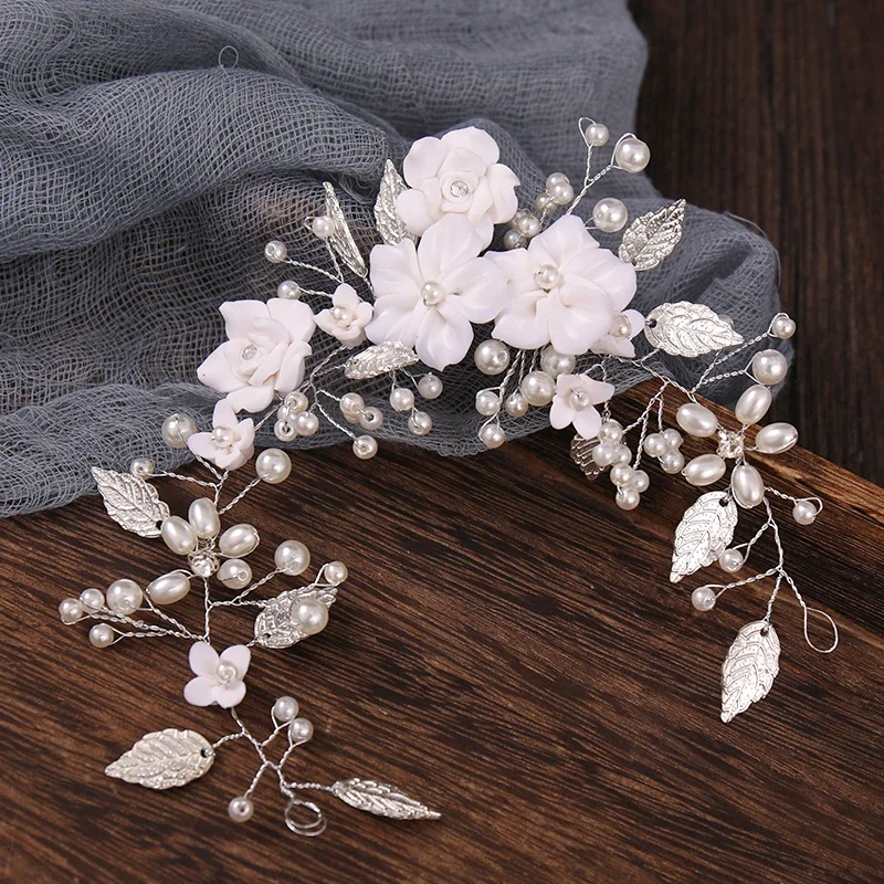 Flower Leaf Pearl Headband Wedding Hair Accessories Rhinestone Bridal Queen Tiara Headband Hair Comb Hairband Jewelry Gift