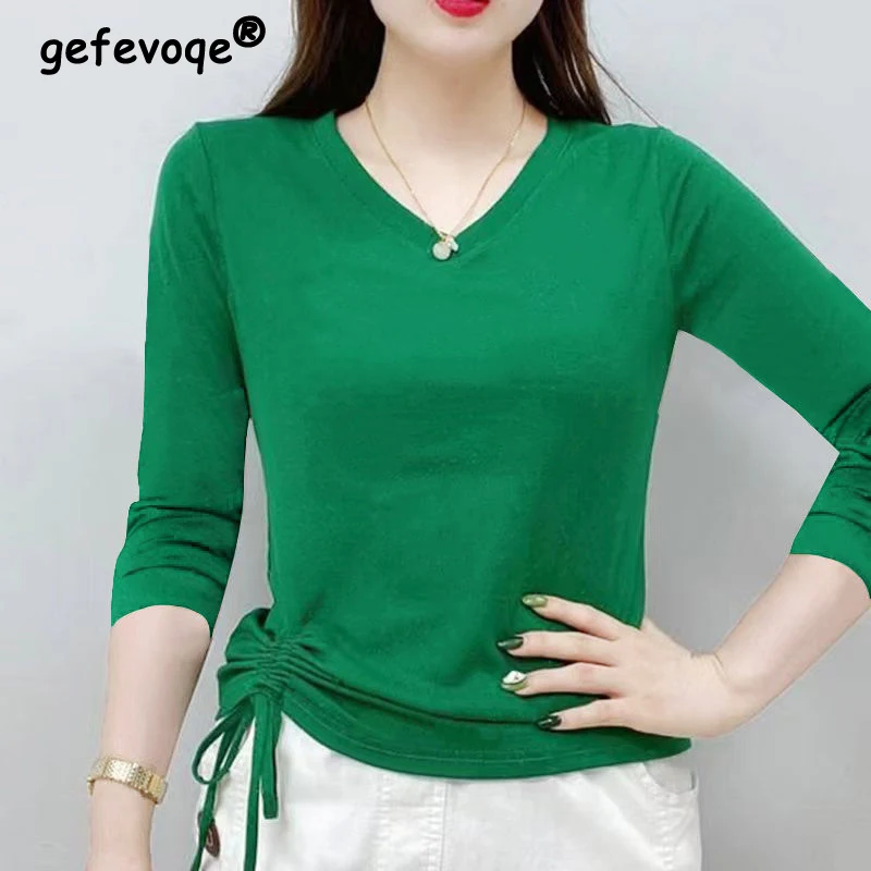 

Women Clothing Spring Autumn Fashion Drawstring V Neck Cotton Basic T Shirt Female Casual Solid Slim Long Sleeve All Match Tops