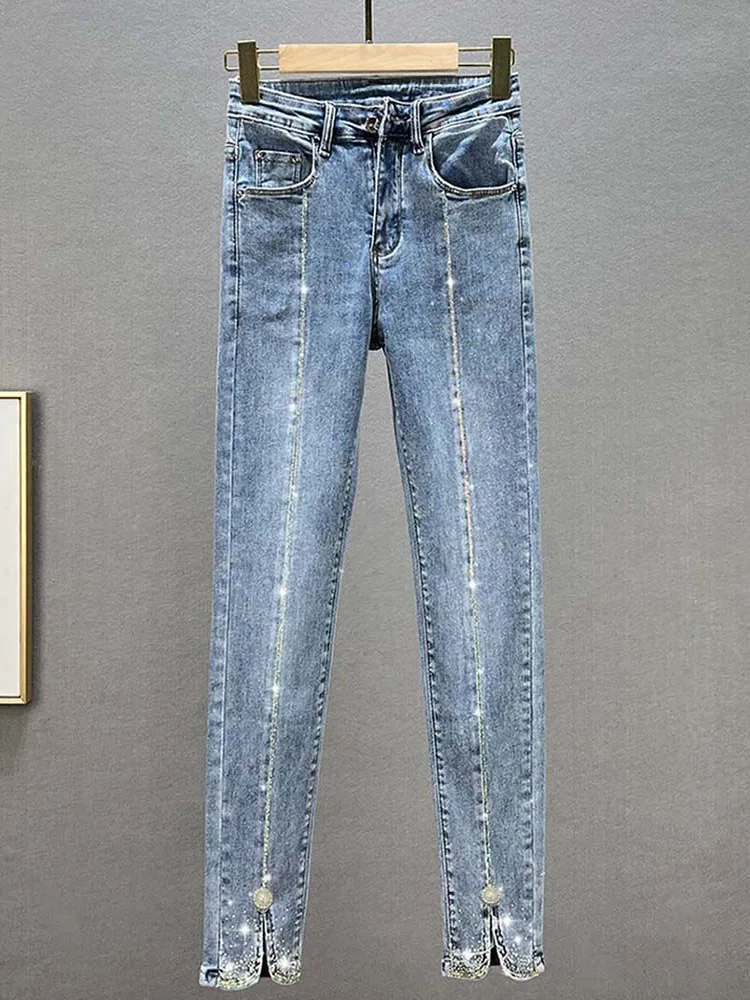 

Elastic Cotton Pencil Jeans Pants Ankle-Length Slit Diamonds Beading Denim Pant Women Trousers Vintage Streetwear Woman Jeans