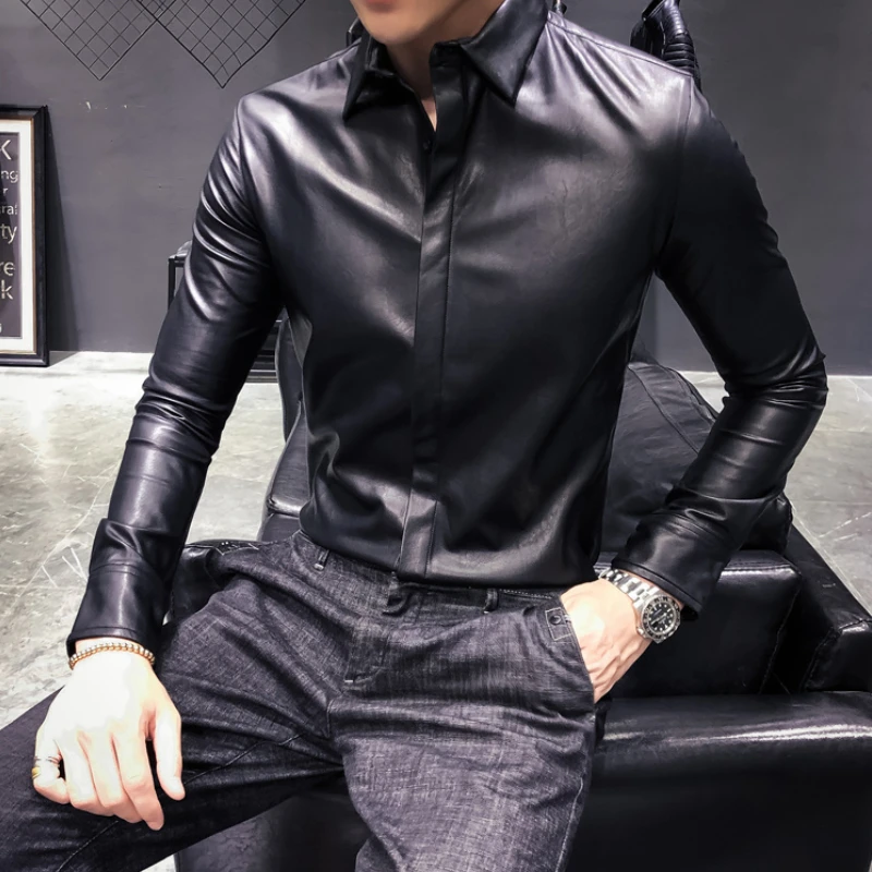 廃盤商品 メンズ合成皮革シャツ セクシーなディスコスーツ 黒のコケット 韓国のファッション うつヌケ Hashaliach Co Il