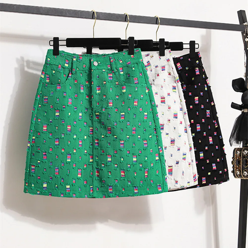 

Women Colorful Denim Short Skirt Wrapped Hip Contrast High Waist A-line Mini Skirts 2023 Summer New Tide Mujer