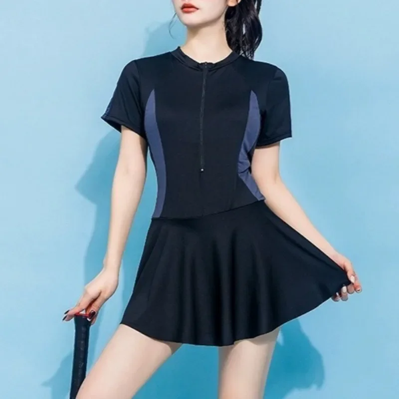 High Waist Black Dress Swimsuit for Women Conservative Short-sleeved Sun Protection Student Sports Summer Swimsuit