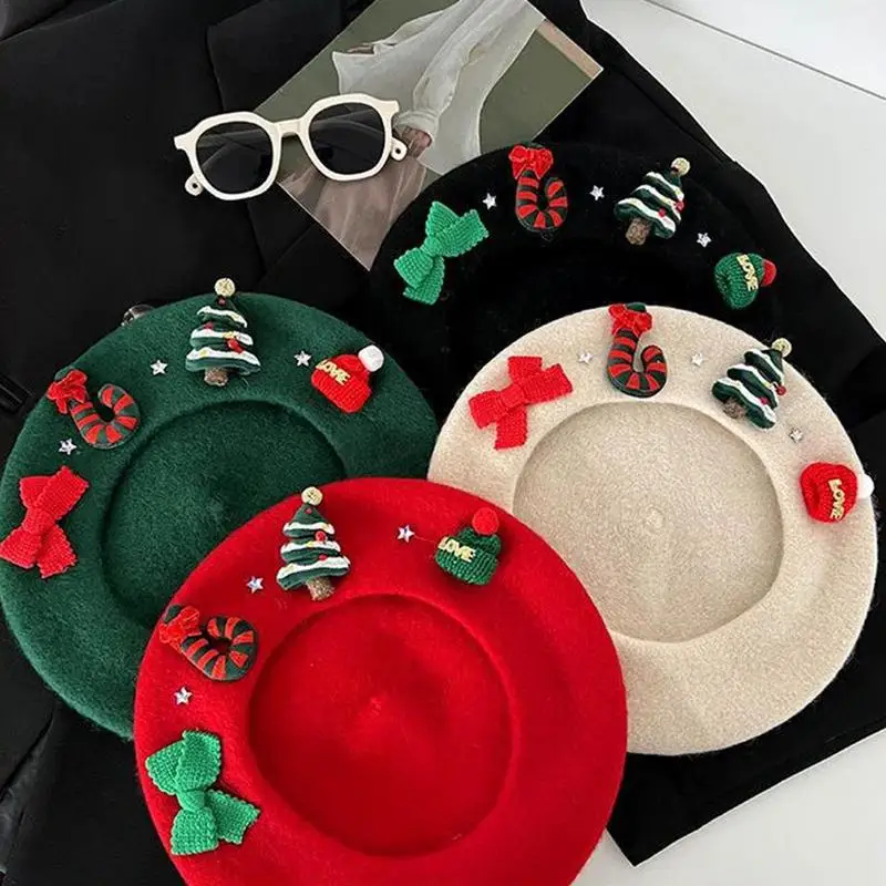 

Рождественская шапка, берет, женский зимний головной убор, Женский Рождественский берет, новогодние подарки, милый женский шерстяной твидовый берет