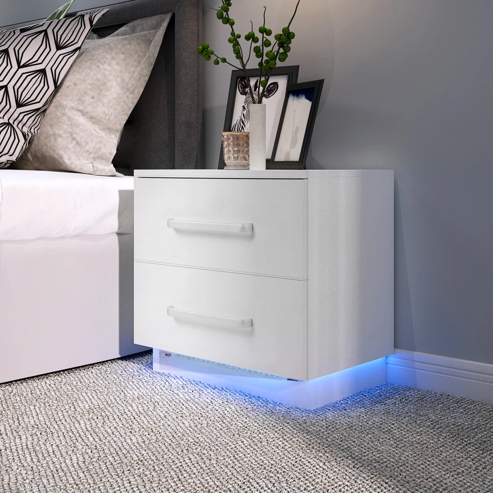 Modern Bedside Cabinet with LED Blue Light High Gloss Front Panel Nightstand with 2 Drawers for Home Bedroom Dining Room