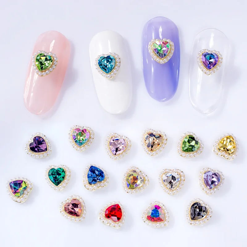 10Pcs 네일 진주 디자인 매력 보석 7.5x8mm 하트 네일 디자인 라인 석 매니..