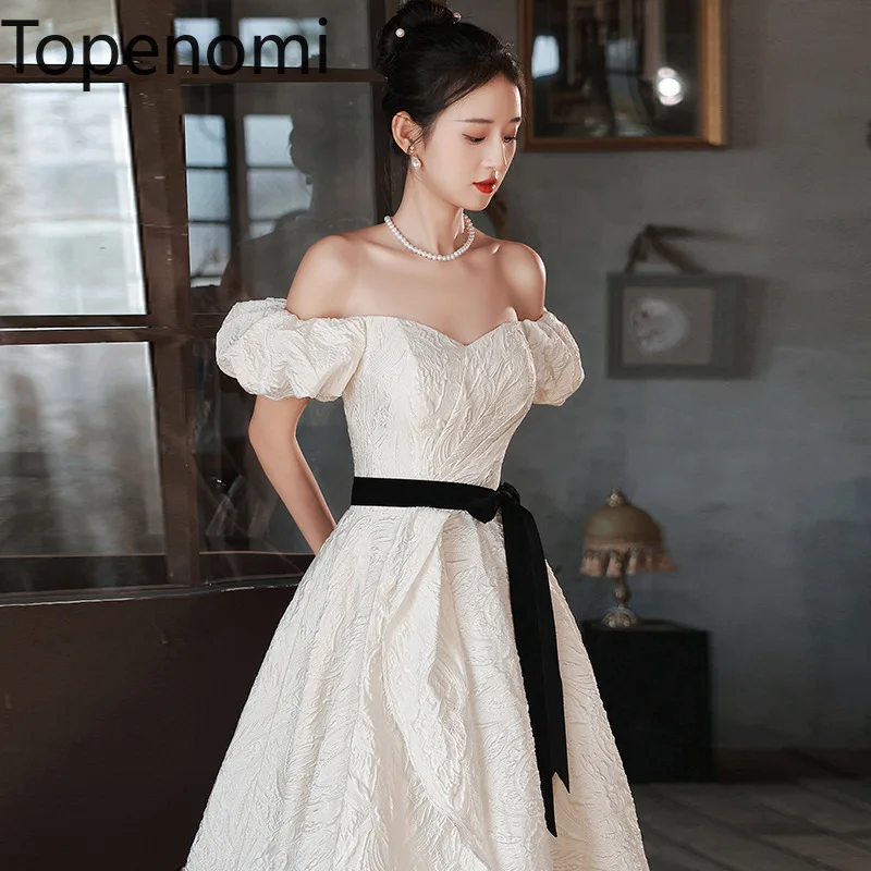 

Topenomi White Satin Jacquard Evening Party Dress Women French Elegant Boat Neck Lace Up Wiast Ball Gowns Wedding Prom Dresses