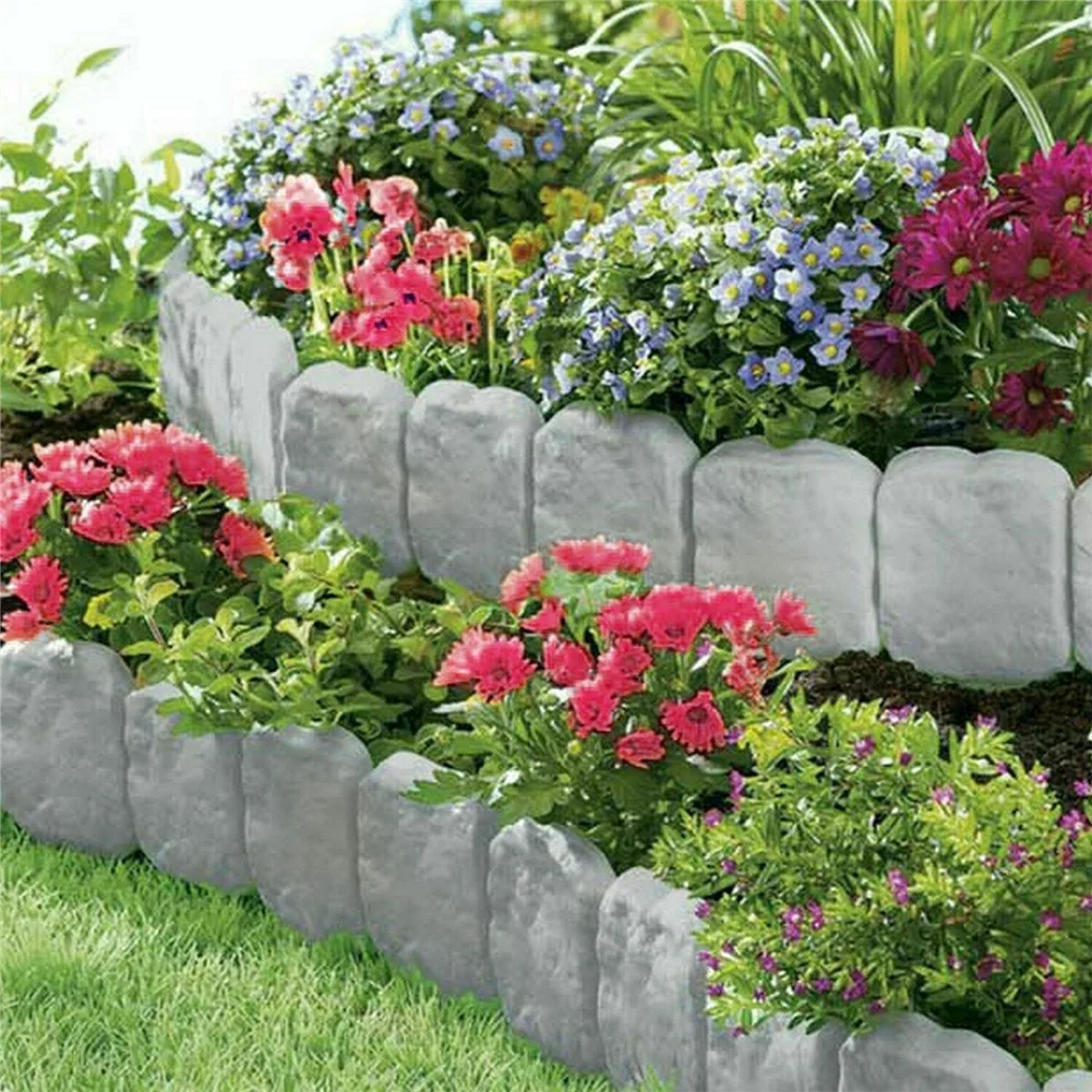 10pcs Garden Landscape Edging Border Imitation Stone Brick Plastic Fencing Lawn Plant Border Decorative Flower Grass