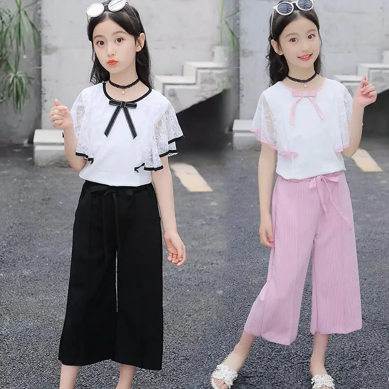 

Children Clothing Sets for Girls Summer Kids Clothes 4 6 8 10 12 Year Girls Lace Flying Sleeve Tops+Pants 2PCS Suit Outfits