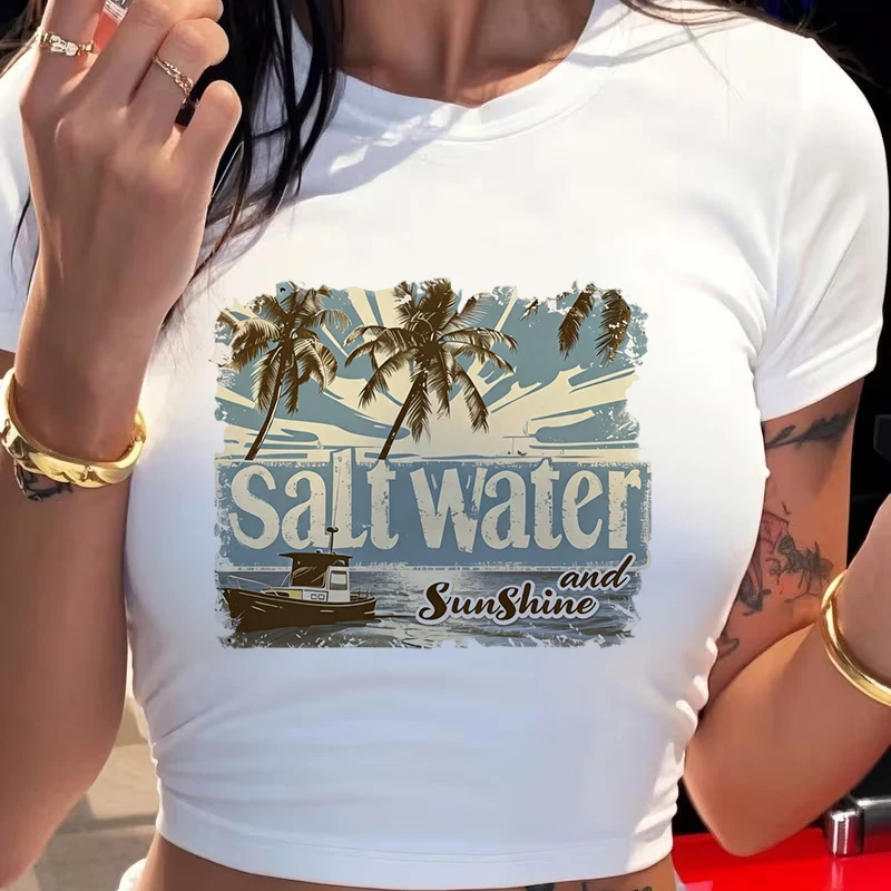 90s Spring Summer Sexy Crop Tops Vintage Retro Clothes Women's Crew Neck Short Sleeve Cropped T Shirt with Salt Water Print Girl 2