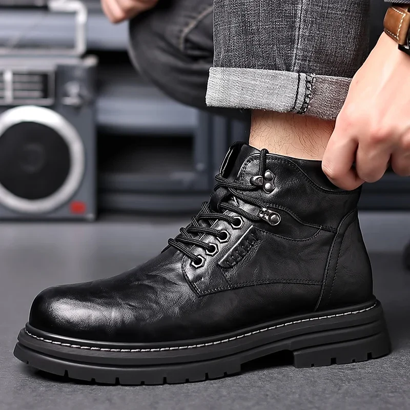 

Mens Biker Boot Winter Outdoor Motorcycle Retro Style Genuine Leather Boots Ankle Casual Business All-match Wear-resistant Shoes