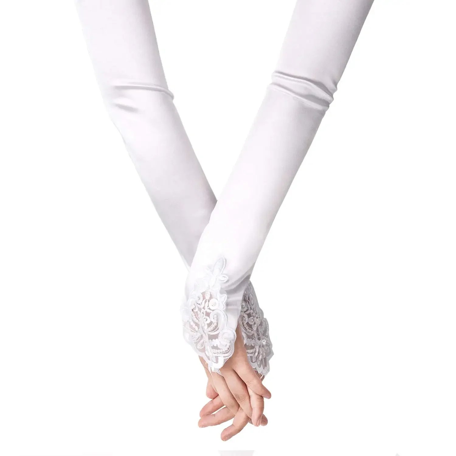 Fingerless Long White Gloves Pierced Elbow Length Satin Gloves 19" Stretchy Opera Evening Party 1920s for Women