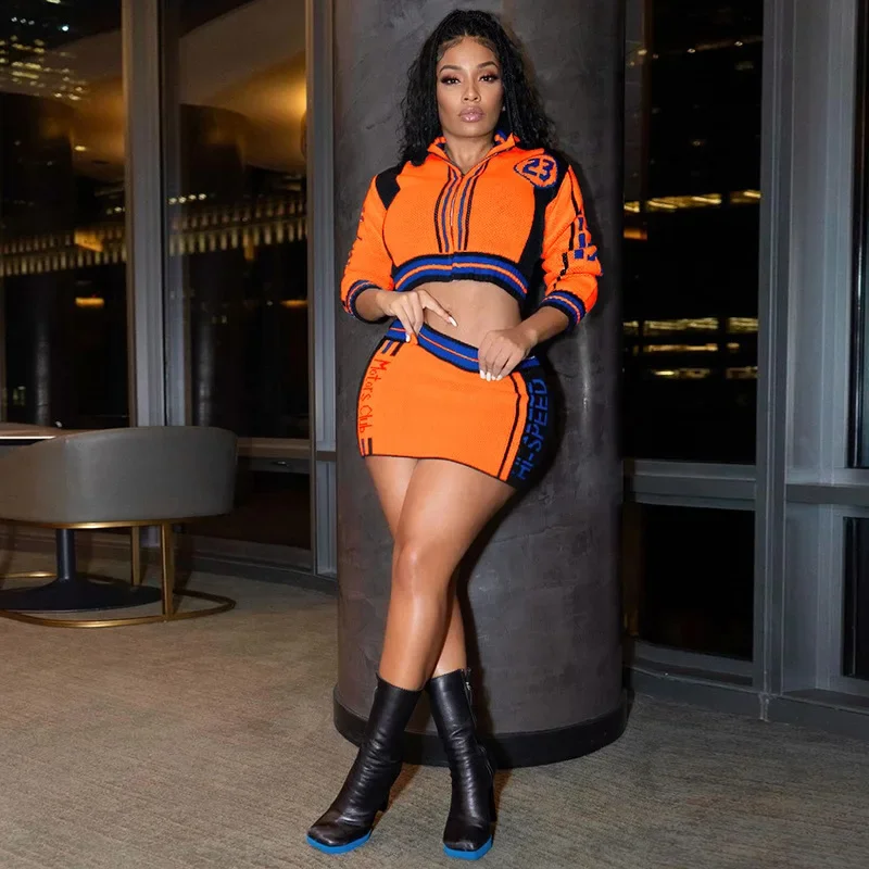 Color Patchwork Casual Knitted Two Piece Set for Women Motorcycle Streetwear 2023 Autumn Zipper Top High Waist Sexy Short Skirt