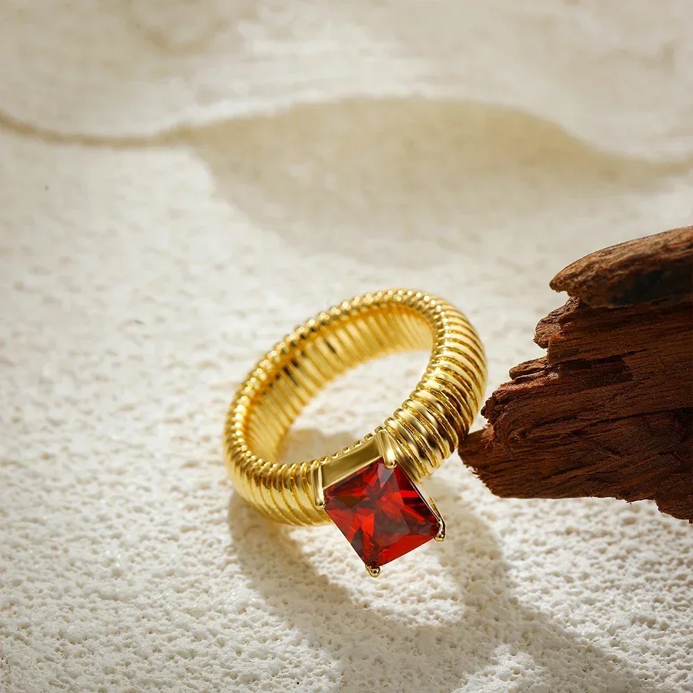 Hiphop Rock Texture Chunky Rings Stainless Steel Waterproof Multicolour Square Crystal Zircon Wedding Ring Femal Retro Jewelry