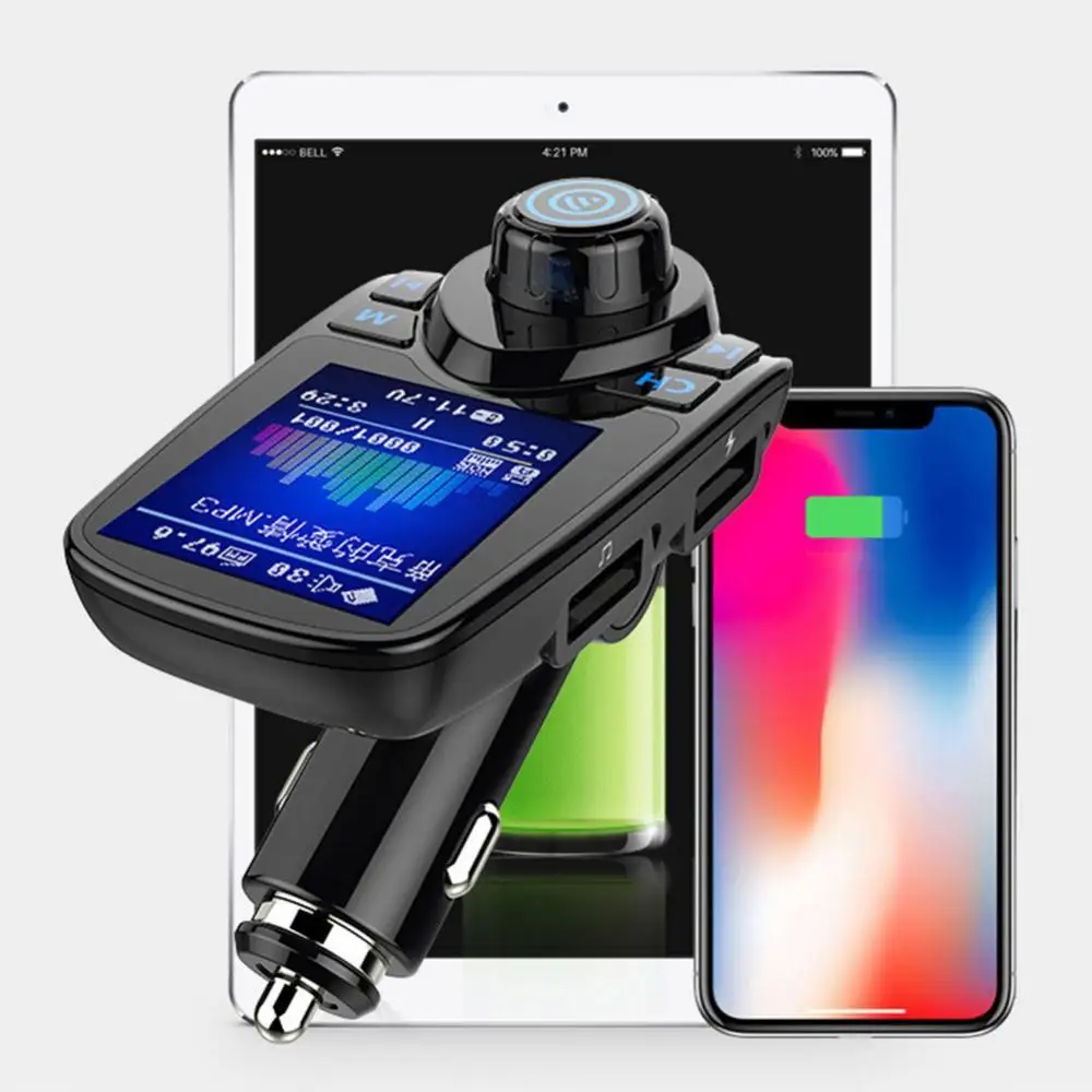 

Bluetooth 5.0 FM Transmitter Modulator Color Screen Wireless Hands-free Car MP3 Player Dual USB Charger with Remote Control