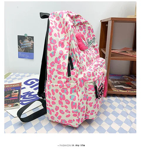 2024 New Middle School Student Hellokitty School Bag Lazy Style Cute Pink Leopard Print Women's Bag Large Capacity School Bag