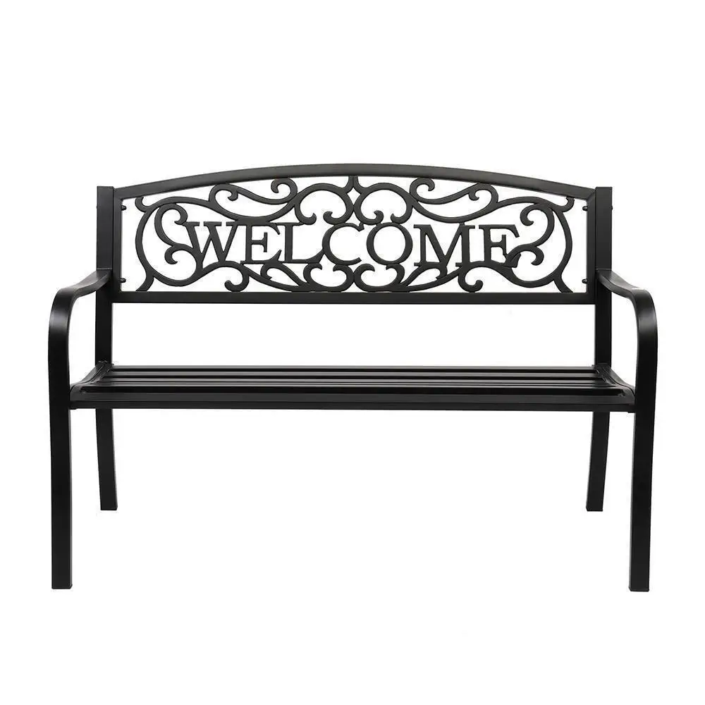 

50" Welcome Backrest Cast Iron Bench Patio Garden Seat Park Furniture Backyard