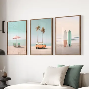 Poster da parete retrò da surf Stampe da spiaggia retrò Pastello Estate moderna rosa Pittura su tela Immagini da parete per la decorazione della casa 1