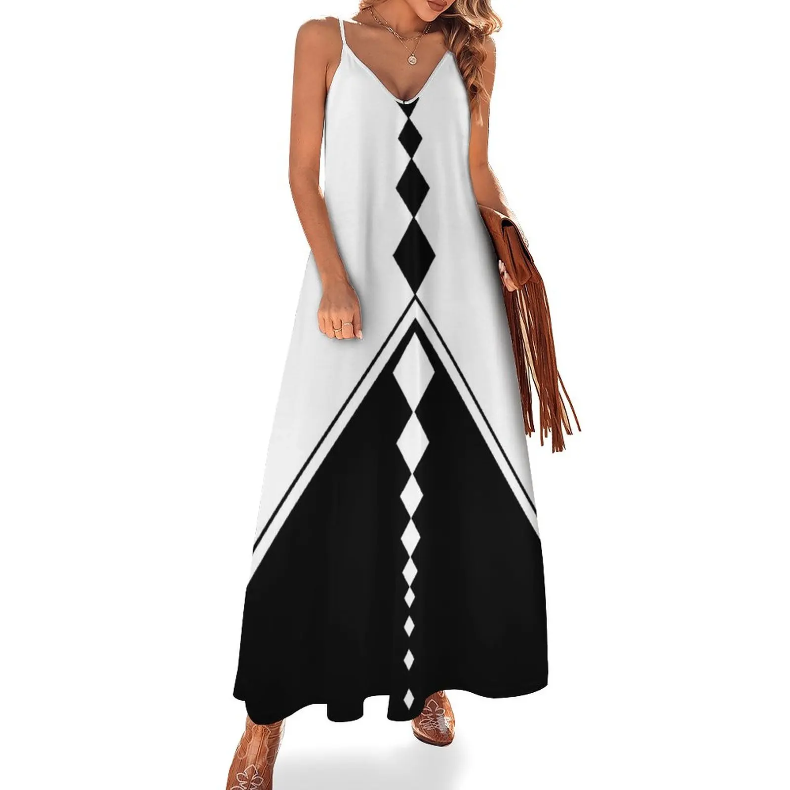 

Black and White Geometric Diamonds Sleeveless Dress Female dress Dresses