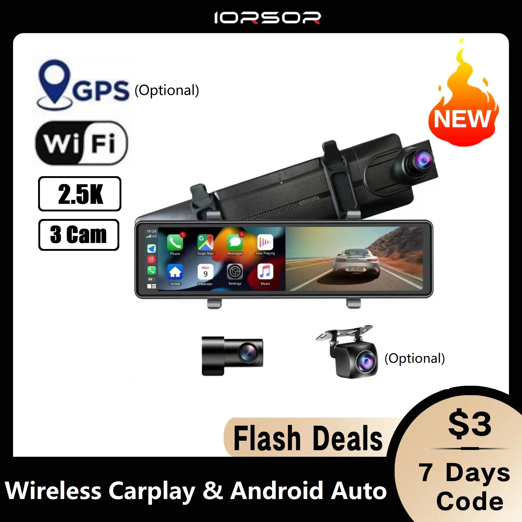Retrovisor Pantalla Carplay Wireless Android Auto Dashcam Wifi GPS 24h
