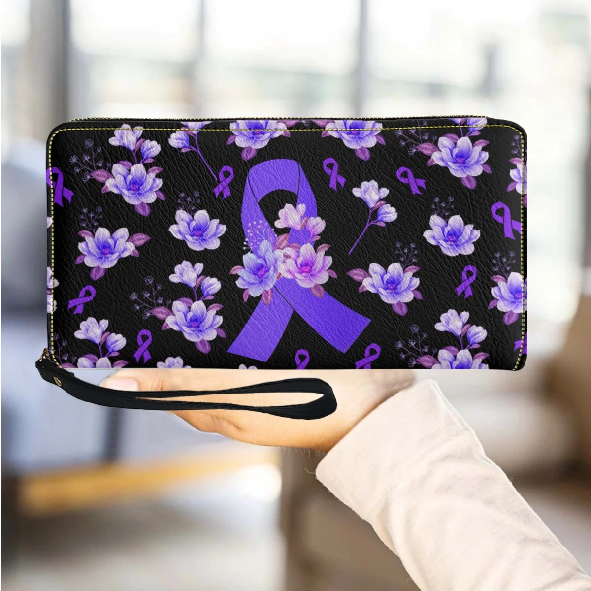 Breast Cancer Design Women Wallets Purple Flower Luxury Leather