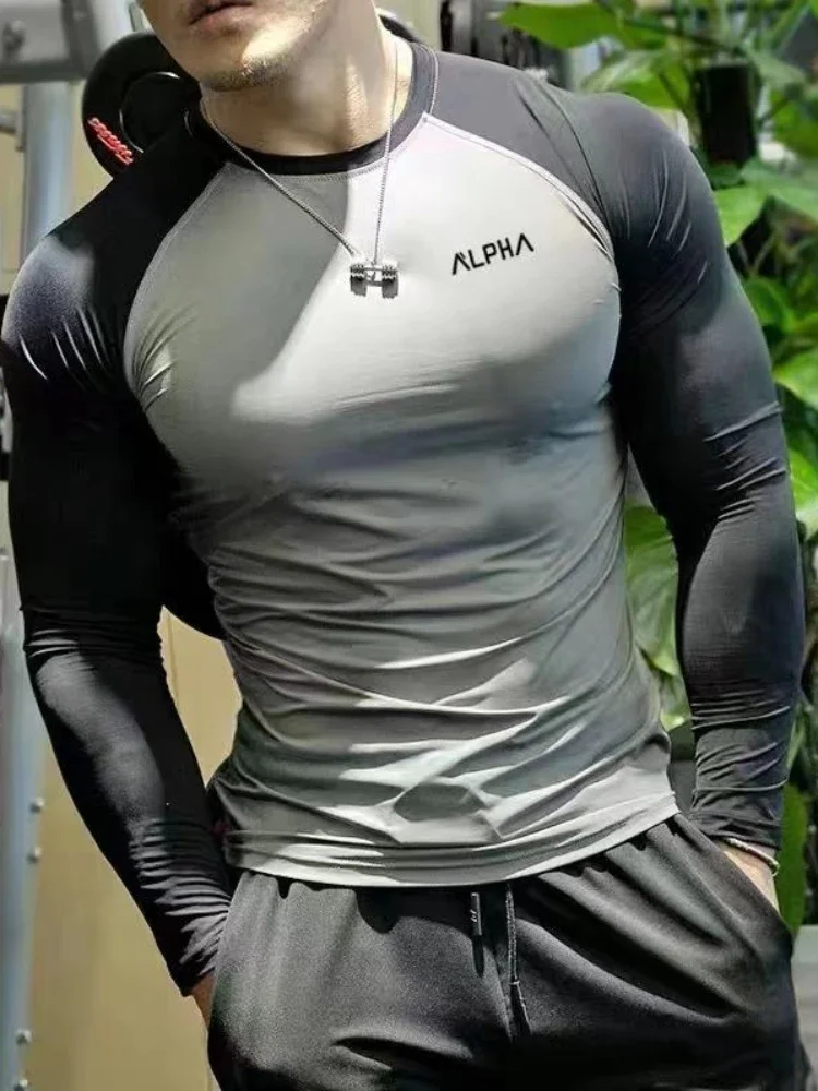 Vestiti maschili top in poliestere elasticità magliette Slim Fit per uomo palestra nera stretto Running Harajuku Fashion Bulk Full Sleeve Tee F - immagine 2
