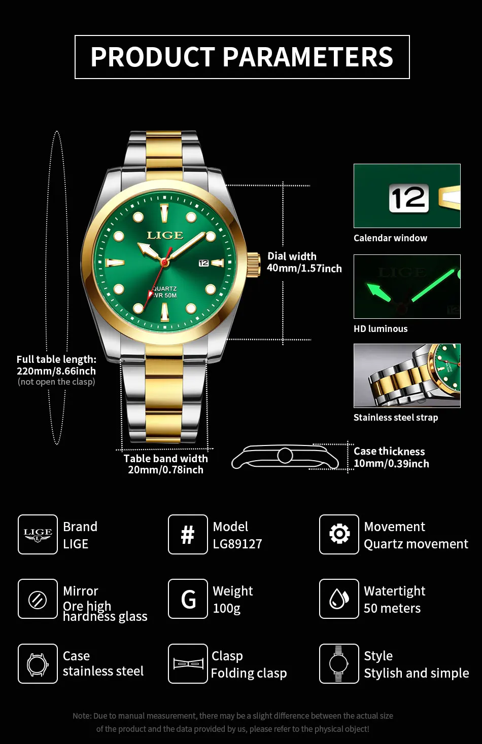 אופנה lige מותג יוקרה שעונים 50 מ 'מואר עמיד למים שעון ספורט ירוק נירוסטה mens שעונים תאריך קוורץ