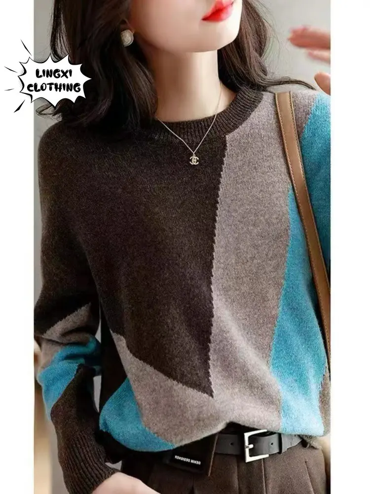 

2023 New Autumn/Winter Color Matching Pullover Round Neck Sweater Thickened Warm Long Sleeve Loose Elegant Knit Pullover