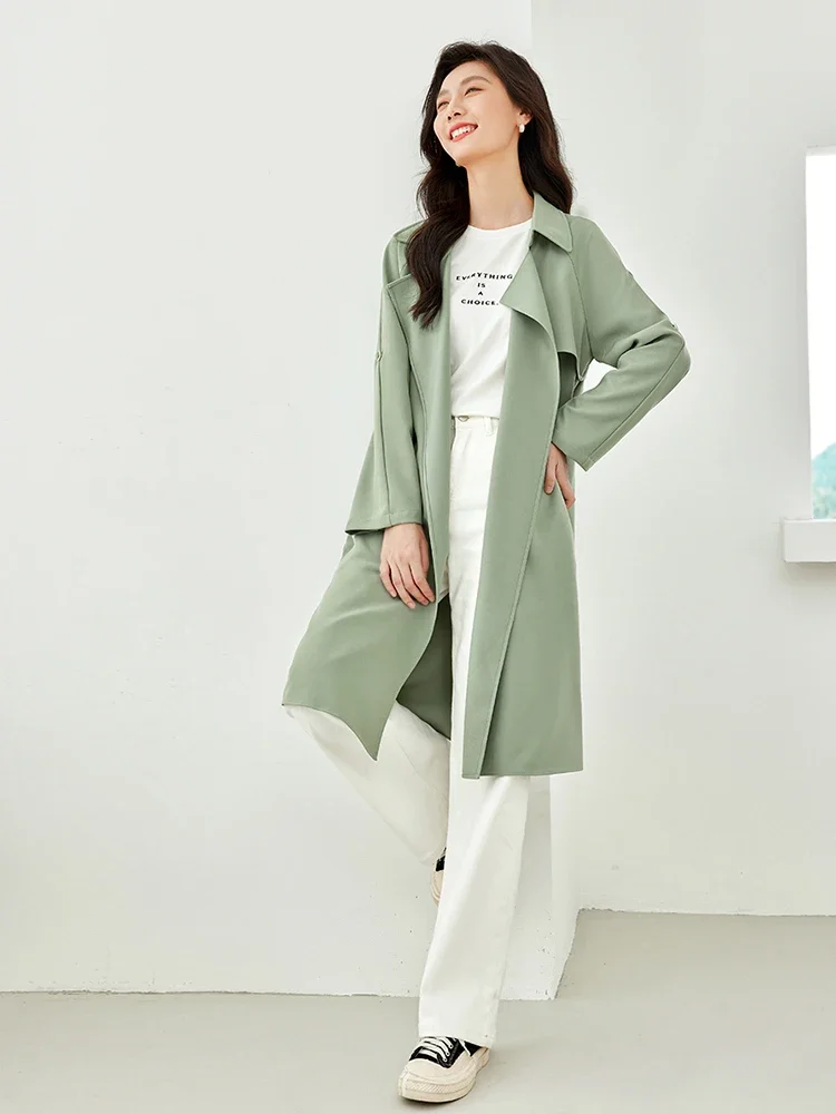 Vimly Women's Autumn Trench Coat Female New in Outerwear Loose Long Sleeve Straight Green Wrap Coats Women's Clothing F6105