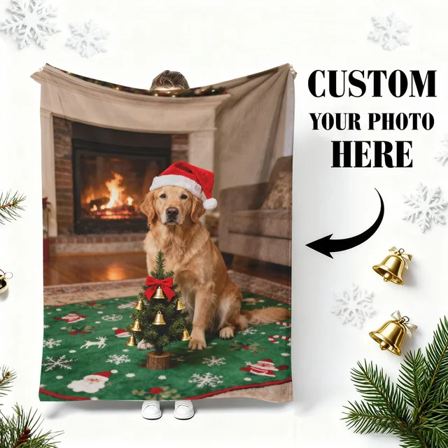 Christmas Custom DIY Personalized Pet Cat and Dog Photo Flannel Blanket - Customized Warm Photo + Christmas Elements, Soft, Warm, Non-Shedding, Suitable for Sofa, Bed, Office, Car - All-Season Christmas Exclusive Gift for Men and Women