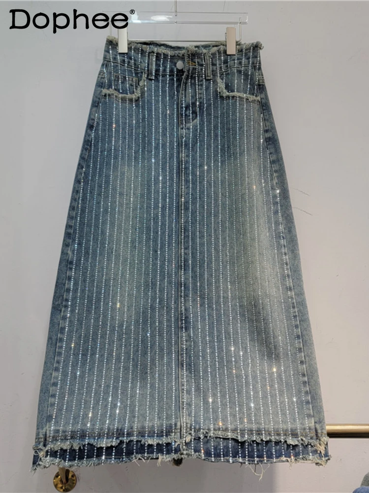 

Heavy Industry Rhinestone Retro Frayed Denim Skirt for Women 2023 Spring Autumn New High Waist A- Line Slimming Mid-Length Skirt
