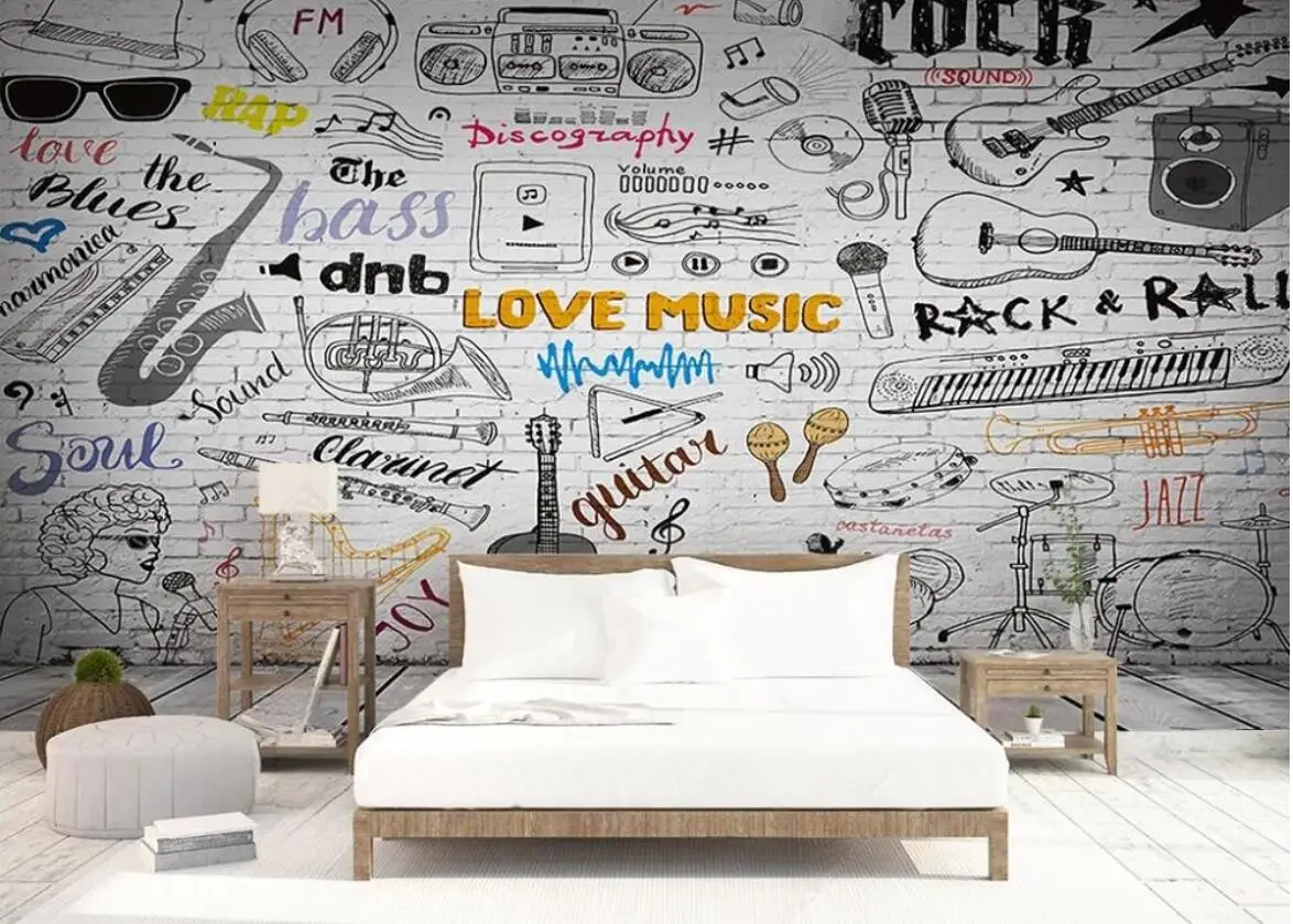 Mural de Grafite Pintado à Mão Personalizado Decoração da Parede do Fundo Papel de Parede 3d Música Sala de Estar Café Qualquer Tamanho