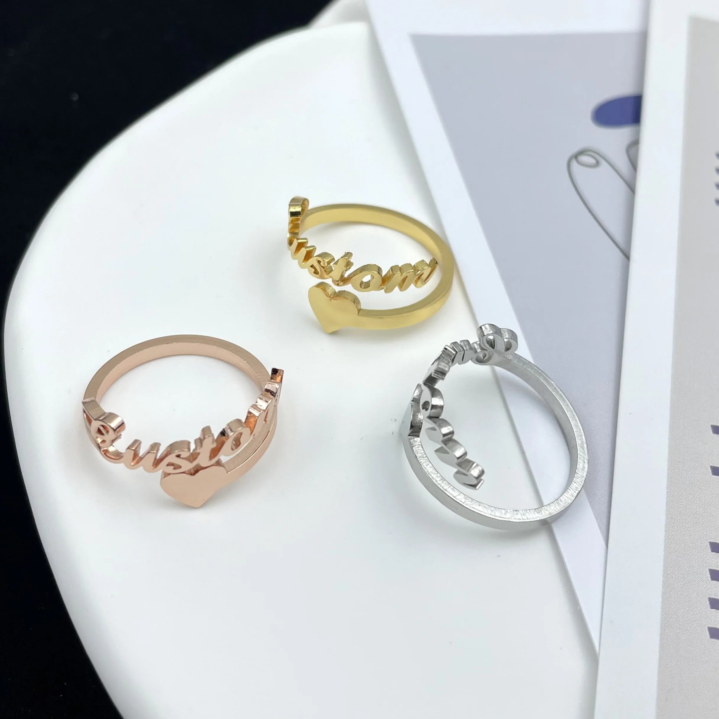 rings for women fashion adjustable personalized custom double names stainless steel gold rings got engaged jewelry anillos mujer Personalized Letter Stainless Steel Adjustable Size Rings Custom Name Heart Women Opening Rings Gold Jewelry Gift Anillos Pareja