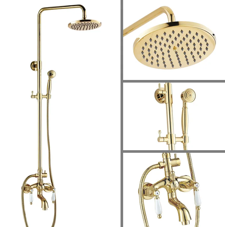 

Luxury Golden Brass Bathroom Rainfall Shower Faucet Set 8 inch Shower Head Bathtub Hot And Cold Water Taps Kit 2gf424