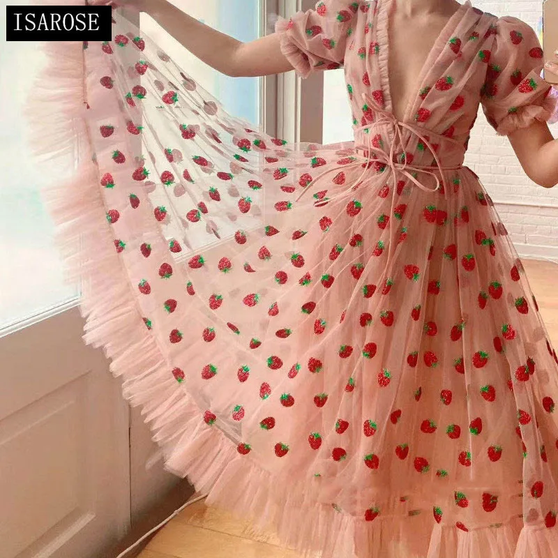 

ISAROSE 2024 Strawberry Dress Women Summer Deep V Puff Sleeve Sweet Voile Mesh Sequins Embroidery French Party Dresses 4XL 5XL
