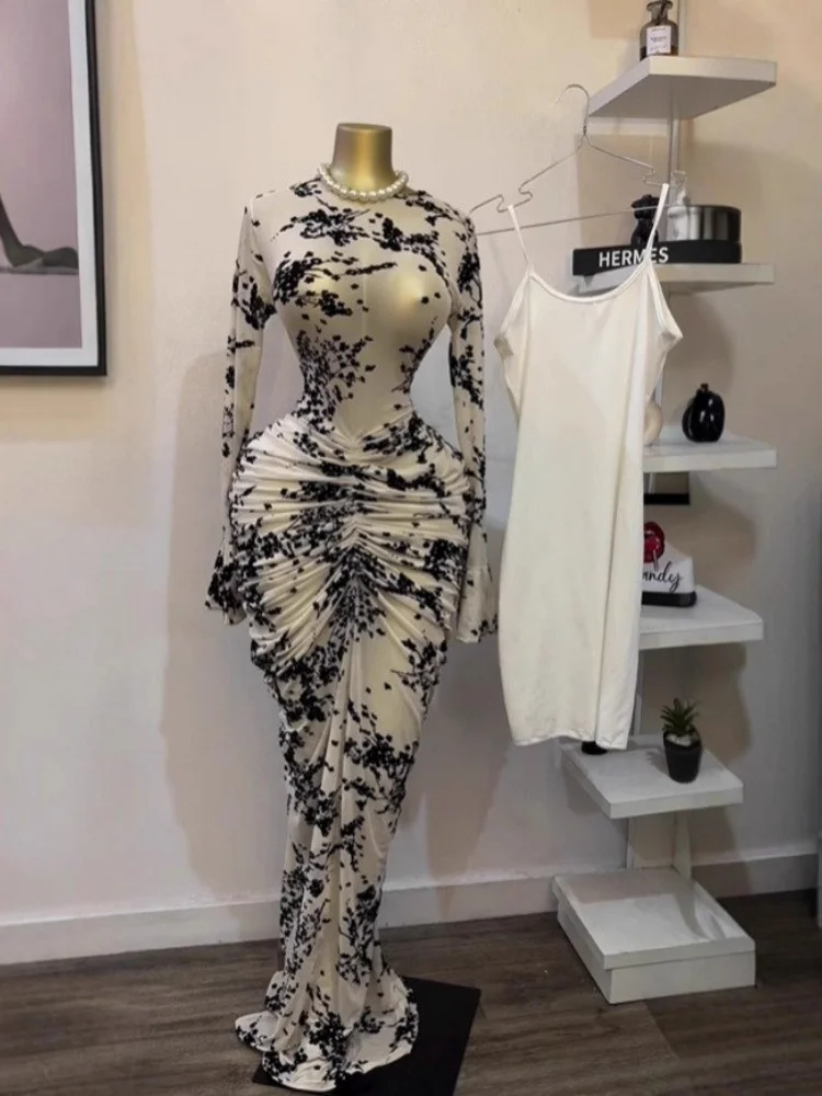 Wmstar Dress Women Wholesale Cross Border Women Clothing Long Sleeved Sexy Tulle Flower Flocked Pleated Dresses with Inner Layer