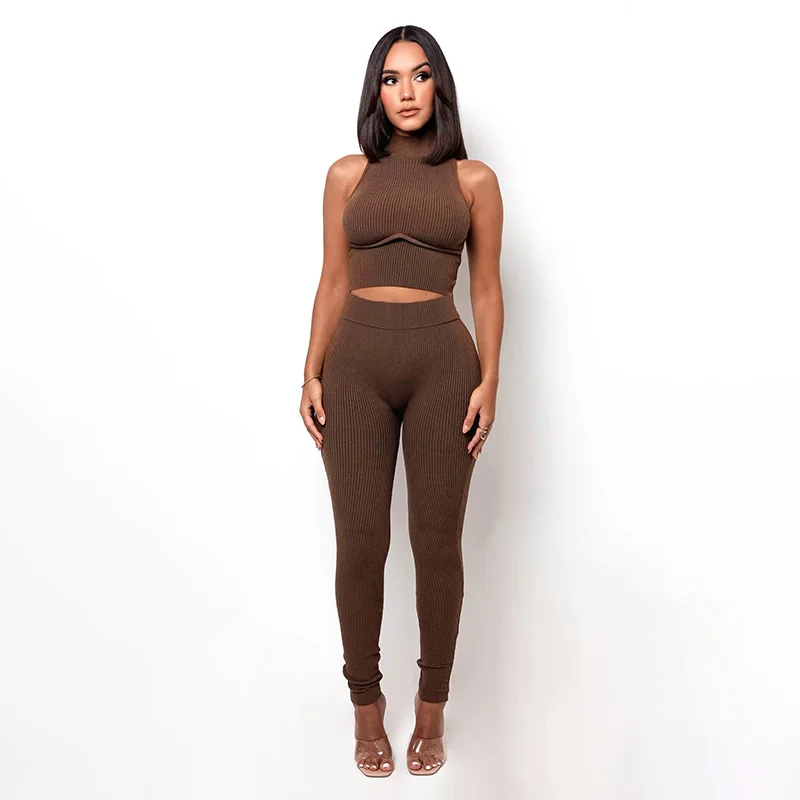 fashion ribbed tracksuit women turtleneck sleeveless crop top+leggings matching set stretchy knitting fitness casual outfits