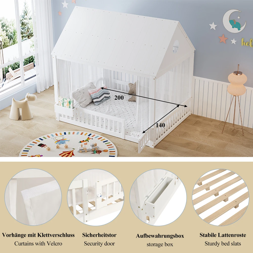 140x200cm Weißes Einzelbett, Babybett, Filigrane Fenster- und Dachdetails, mit Weißen Vorhängen und Kleinem Stauraum – Detail 7