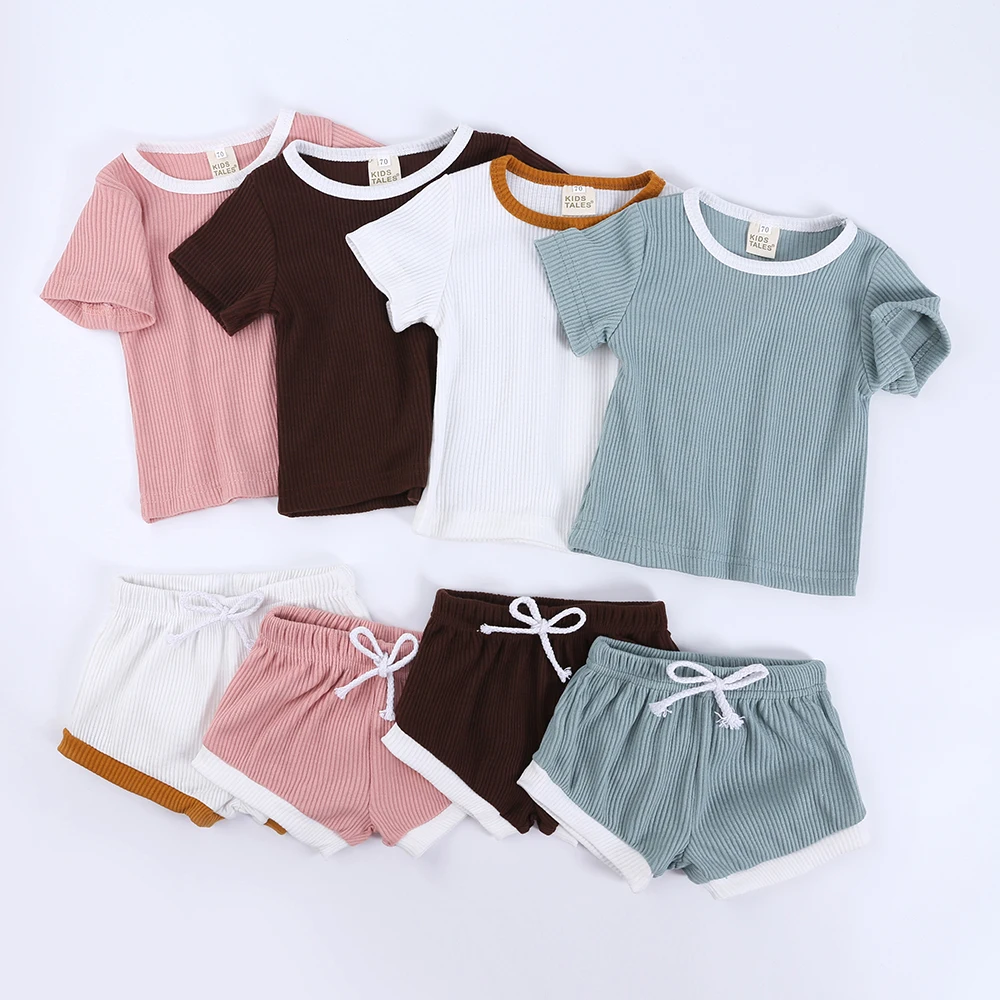 2026 Sommer Kleinkind Jungen Mädchen Kleidungssets Einfarbige Baumwolle Kurzarm-Oberteile + Shorts mit Elastischem Bund Säuglingsset Neugeborenen-Outfits – Detail 2
