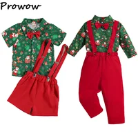 New Year Outfits For Boy Green Necktie Xmas Shirts and Red Overalls Pants Boy Christmas Sets New Year Children Costume 2026