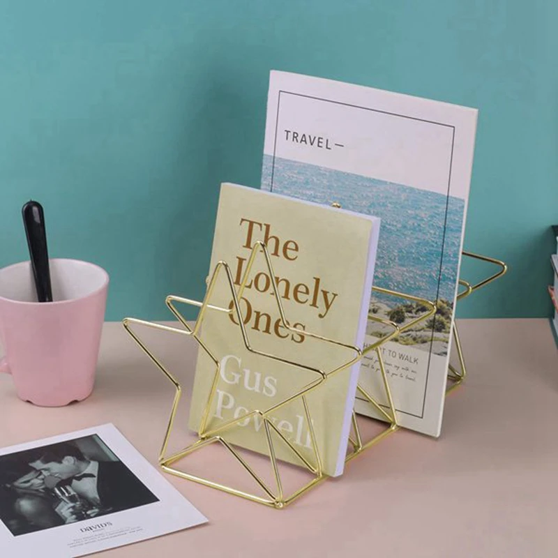 펜타그램 메탈 북엔드 크리에이티브 스타 북 스탠딩 문서 파일, 데스크탑 관리자 책장 스탠드 골드