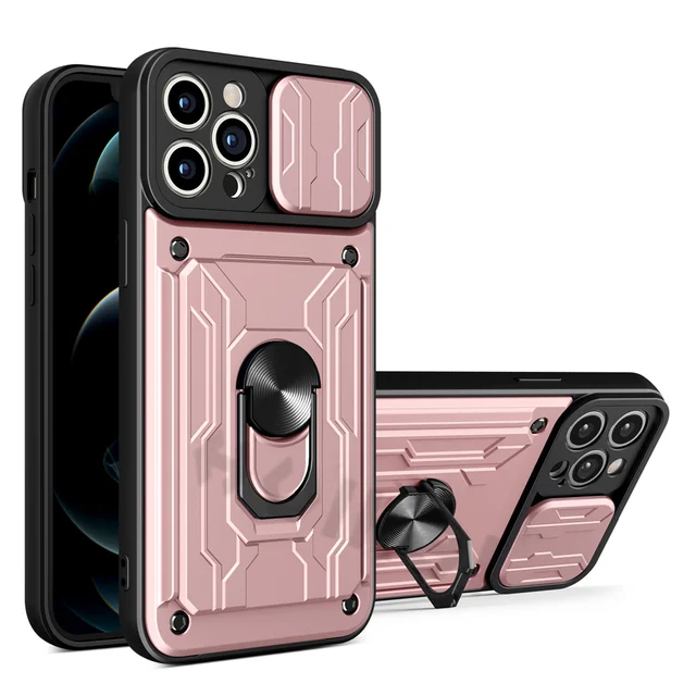 For iPhone 13 12 11 Pro Max Case Slide Stand Kickstand Ring Camera Military Grade Card Slot SE 2020 XR XS Max X XS 8 Plus Cover Rose Gold