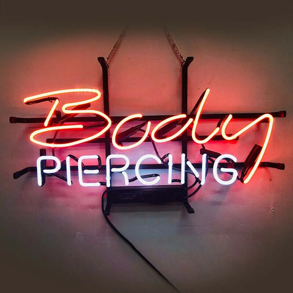 Body Piercing Tattoo Neon Light Sign Custom Handmade Real Glass Tube Store Beauty Advertise Wall Decor Display Art Lamp 14"X8"